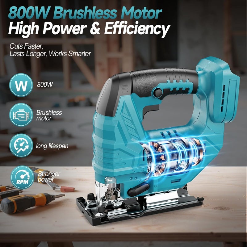 Fledukten Cordless Jigsaw Compatible with Makita 18V Battery, Brushless Motor, 7-Speed Variable Control, 3200 RPM, 800W Power, Guide Rail, 0–45° Bevel, LED Light, 6 Blades (Tool Only) - Image 2